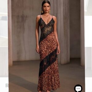 New Women Large Spaghetti Lace Leopard Maxi Dress In Brown